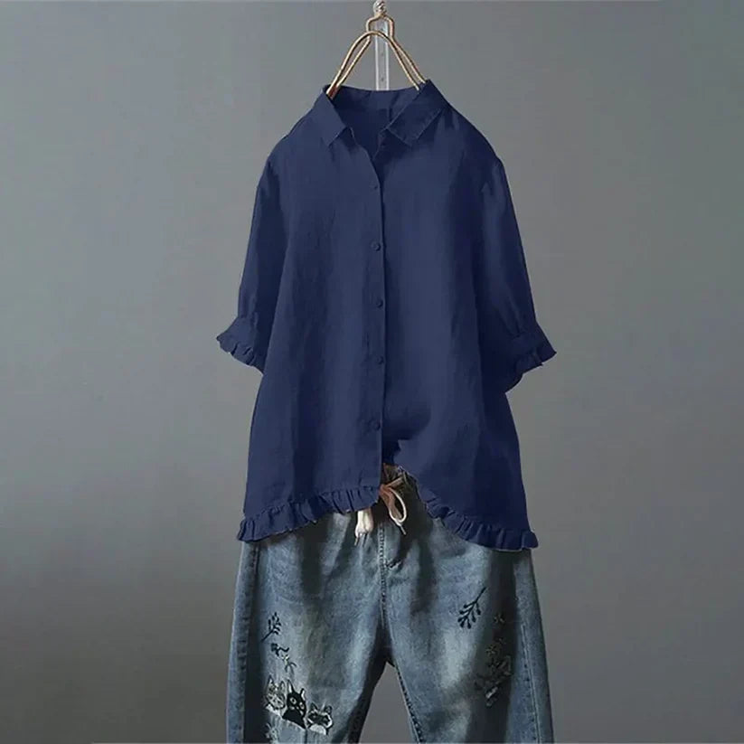 Collared Short Ruffle Sleeve Button Front Blouse