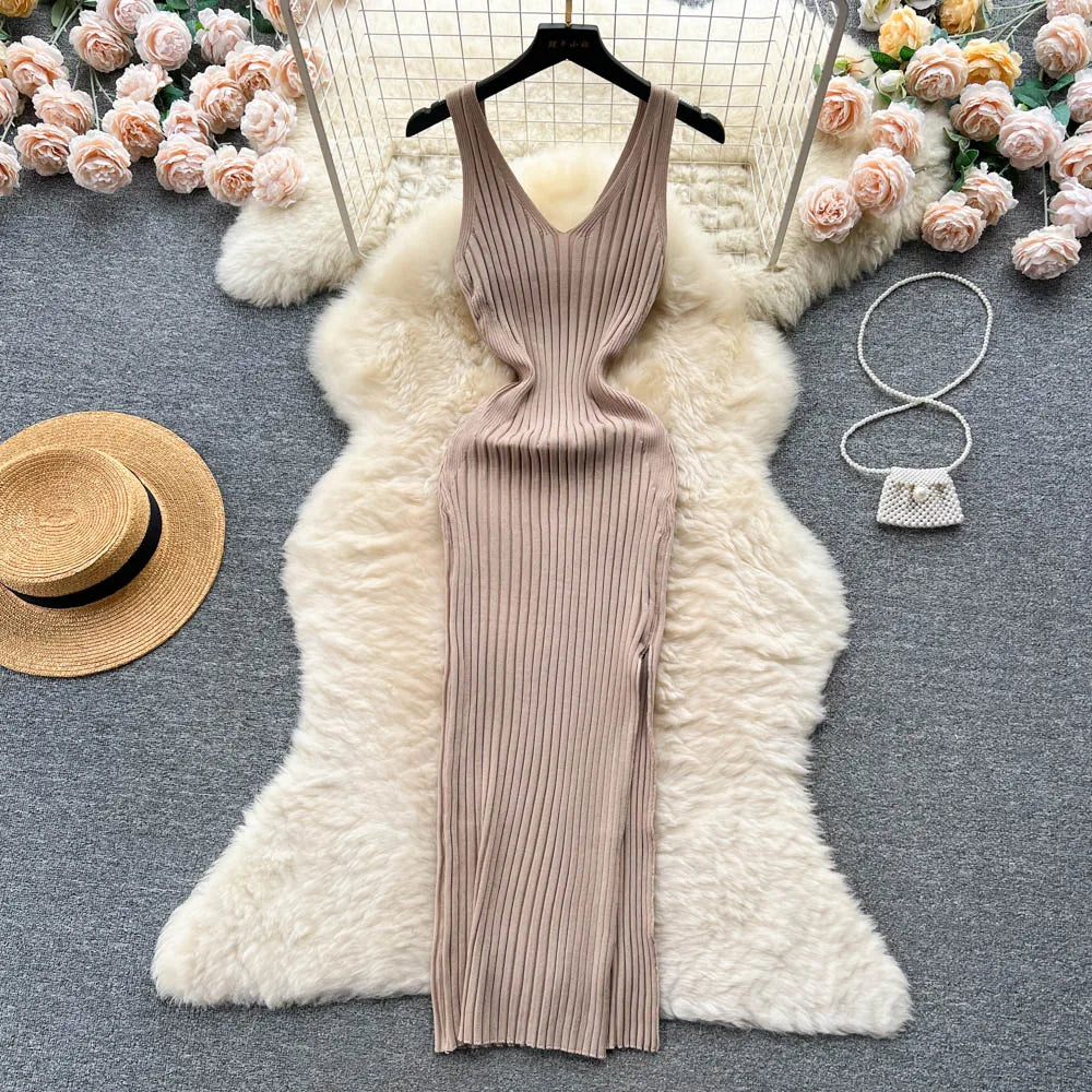 Ribbed Knit V-Neck Sleeveless Cut Out High Split Bodycon Maxi Dress