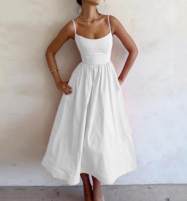 Spaghetti Strap Scoop Neck Pleated Waist Fit and Flare A-Line Midi Dress