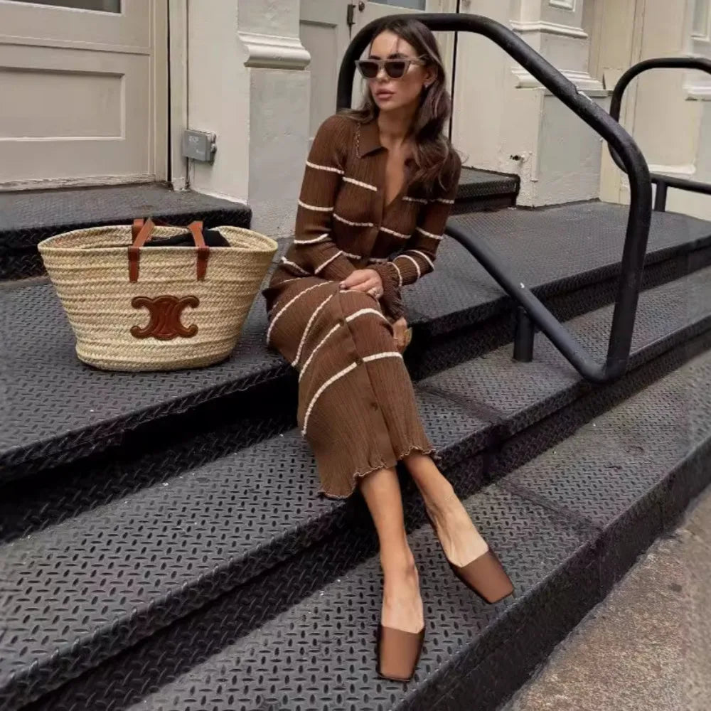 Victoria Elegant Brown Striped Dress with Premium Everyday Styling