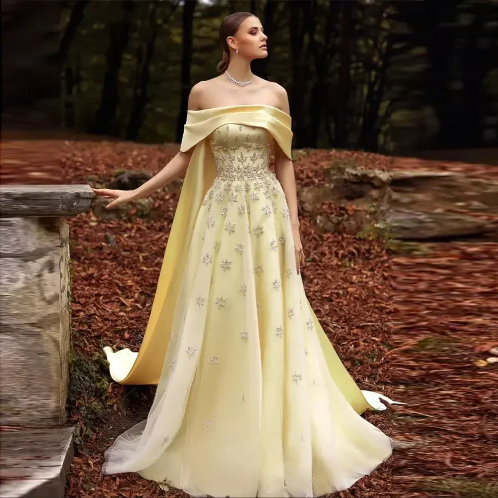 Off Shoulder Rhinestone Floral Beaded Tulle Cape Train A-Line Maxi Gown