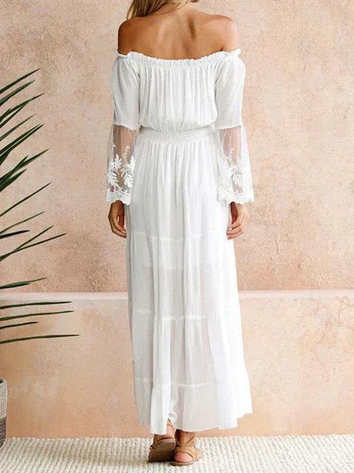 Off Shoulder Lace Bell Sleeve Smocked Tiered Chiffon Maxi Dress