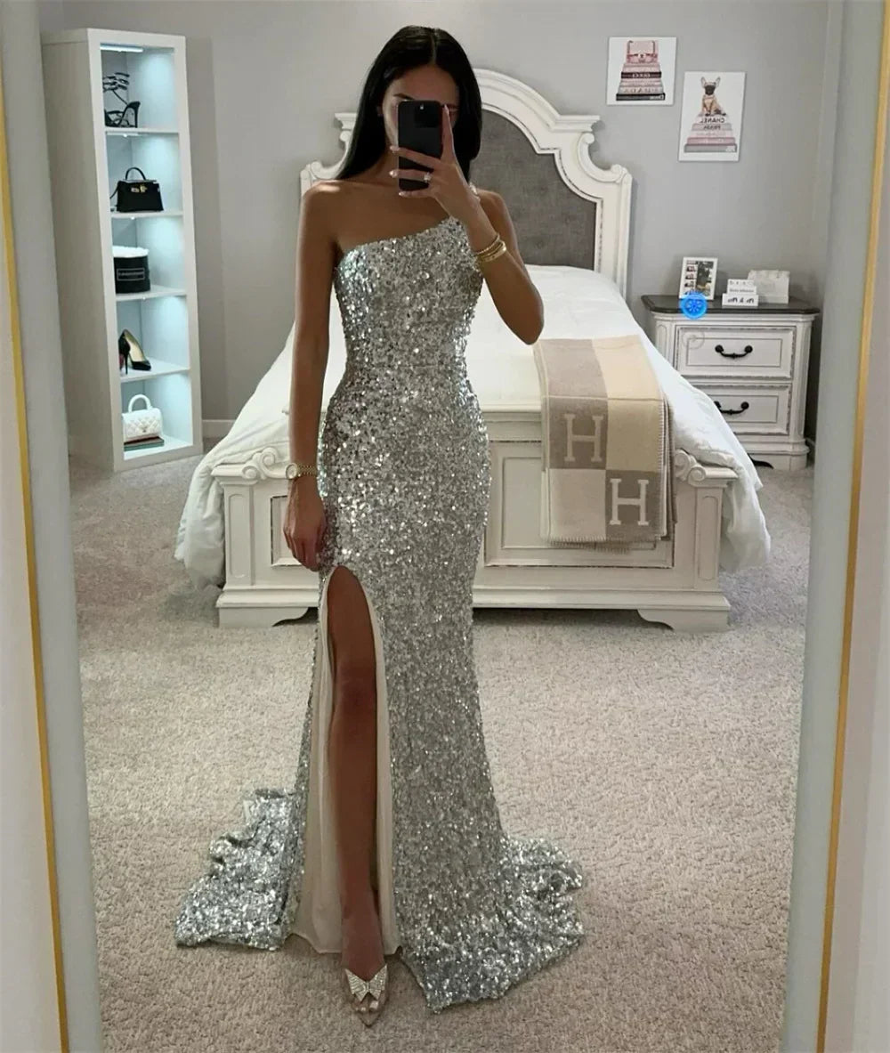 Sequin One Shoulder High Split Mermaid Maxi Gown with Train
