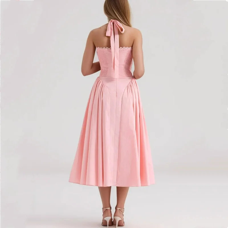 Halter Neck Corset Fit and Flare A-Line Midi Dress