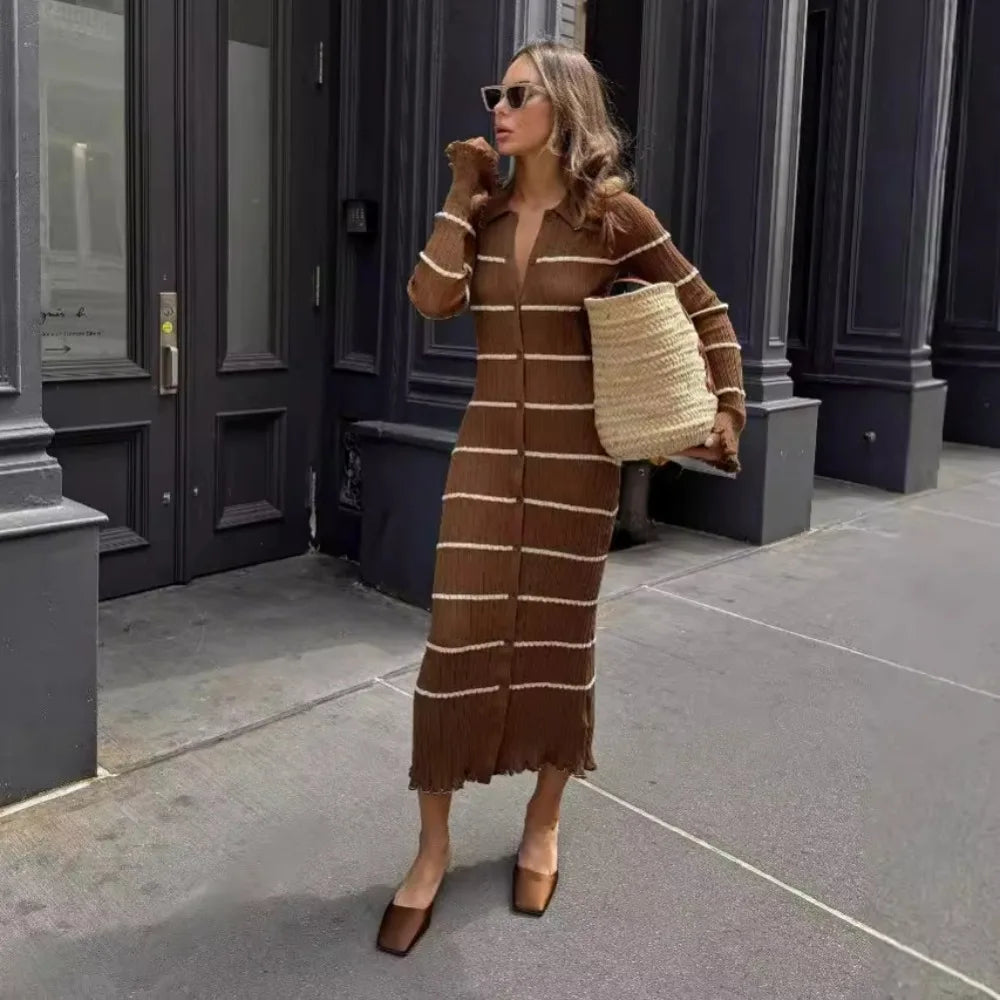 Victoria Elegant Brown Striped Dress with Premium Everyday Styling