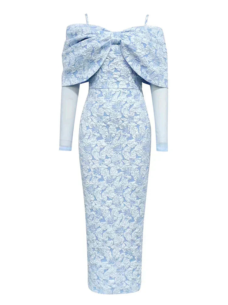 Off Shoulder Long Sleeve Jacquard High Split Midi Dress