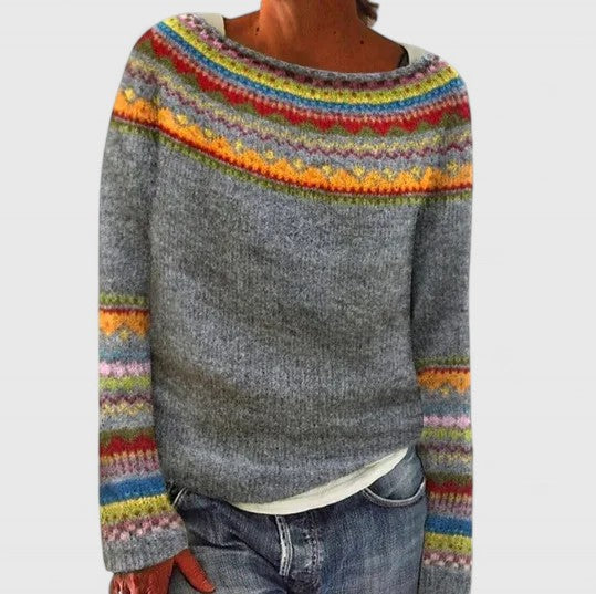 Fair Isle Crew Neck Long Sleeve Knit Sweater