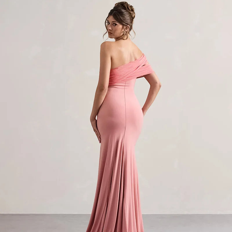 Off Shoulder Ruched Mesh Bodice High Split Mermaid Maxi Dress 6