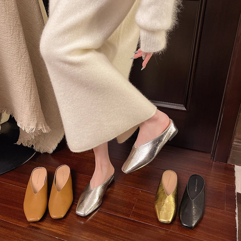 Metallic Square Toe Flat Mules