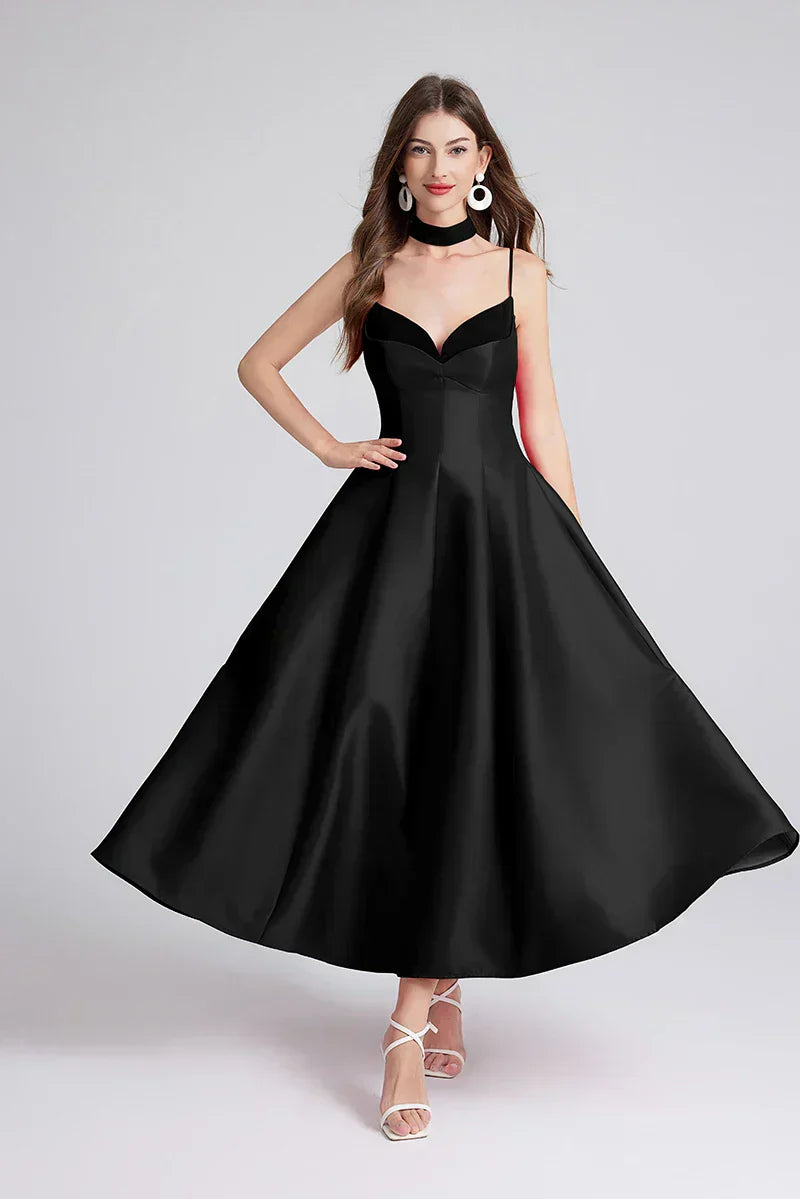 Satin Sweetheart Spaghetti Strap Fit and Flare Midi Dress