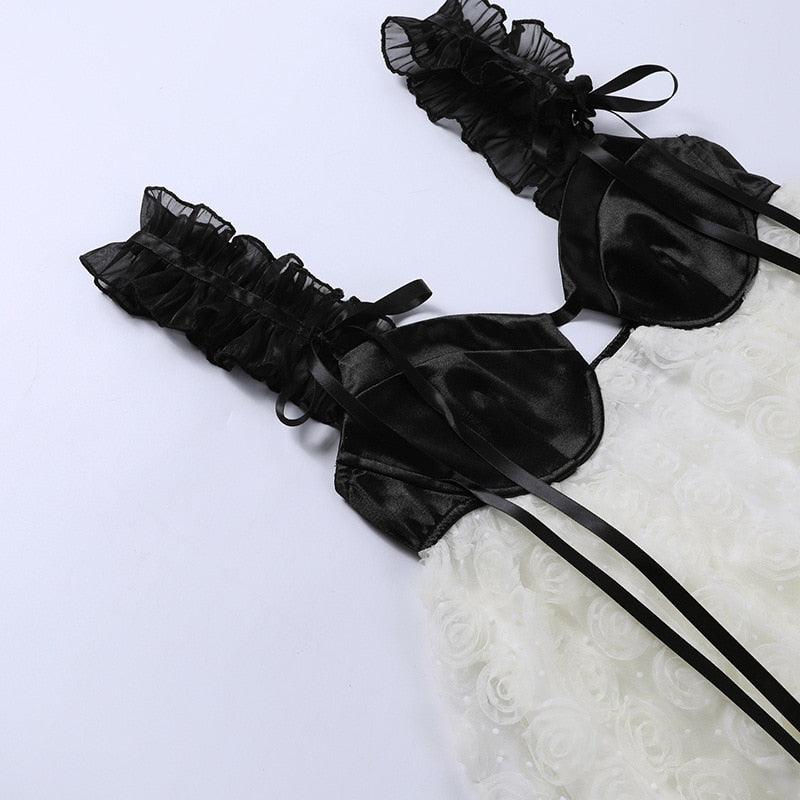 Bustier Sweetheart Ruffle Strap Rosette Organza Mini Dress