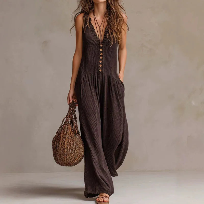 Deep V-Neck Button Front Sleeveless Wide Leg Jumpsuit