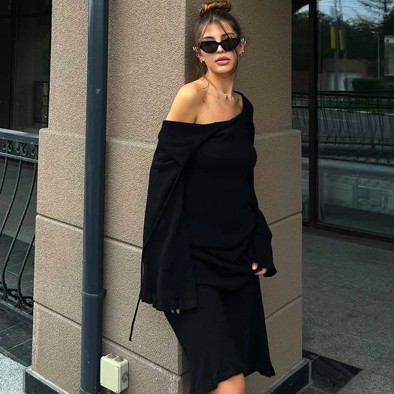 Rib Knit Deep V-Neck Bell Sleeve Bodycon Midi Dress