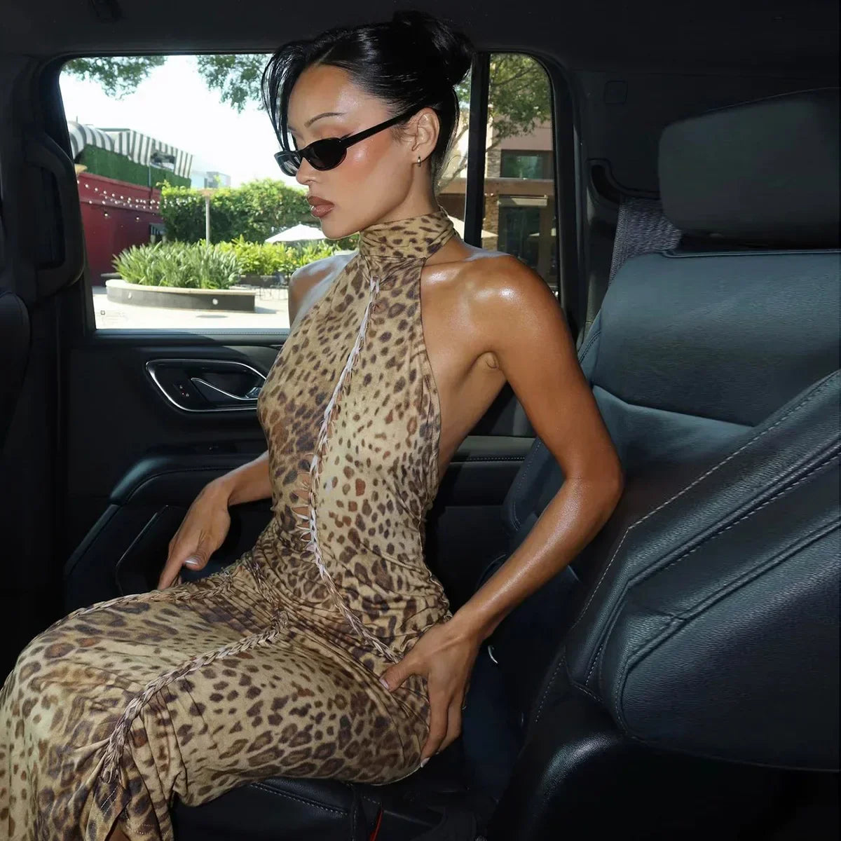 Leopard Print Halter Neck Lace Up Cut Out Ruched Bodycon Midi Dress