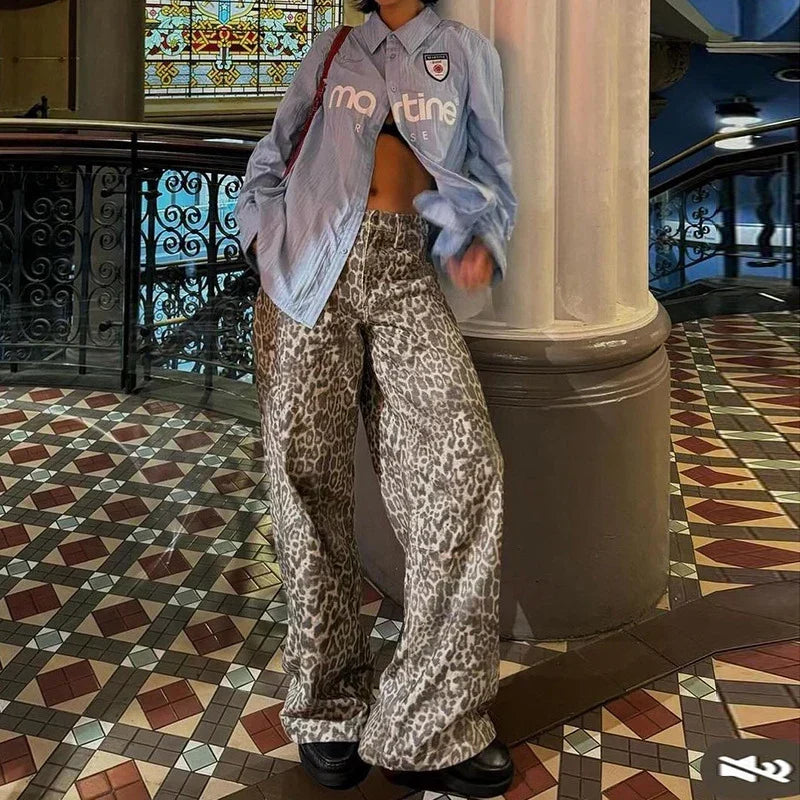 Leopard Print Low Waist Wide Leg Baggy Jeans 2