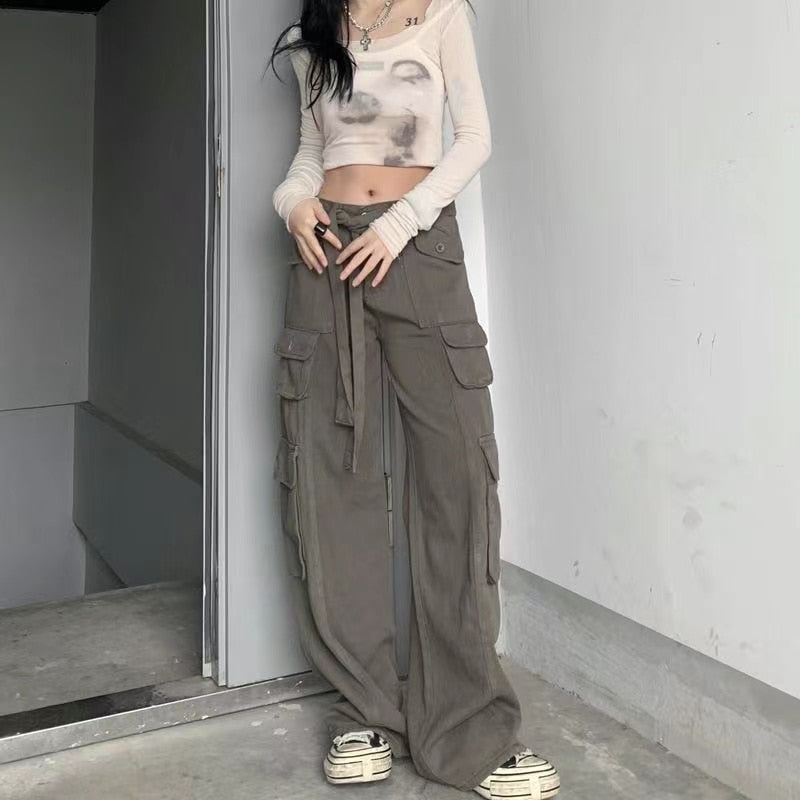 Mojoyce Hot Girl Cargo Pants Woman Elastic High Waist Big Pockets Trousers Y2K Streetwear Hip Hop Drawstring Retro Baggy Jeans Femme