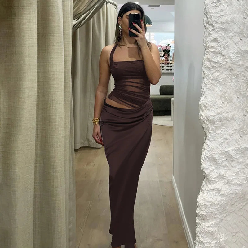 Mesh Halter Neck Backless Ruched Bodycon Maxi Dress