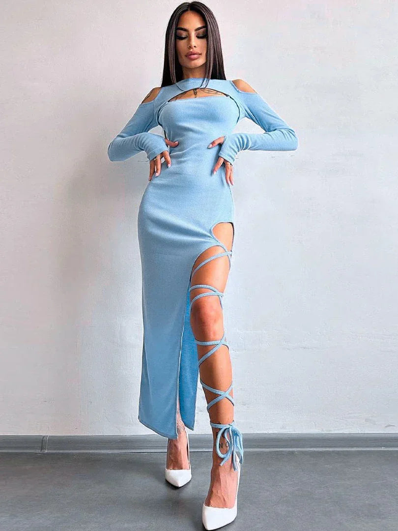 Hollow Lace Up Slit Sleeve Midi Dress - View 6