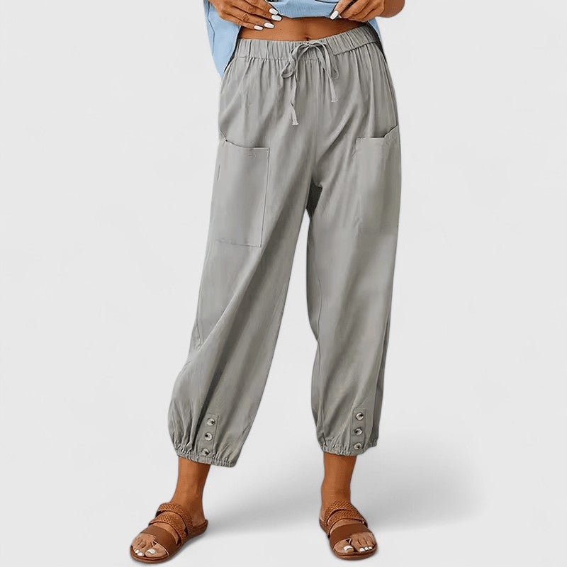 High Waist Drawstring Button Hem Cropped Pants