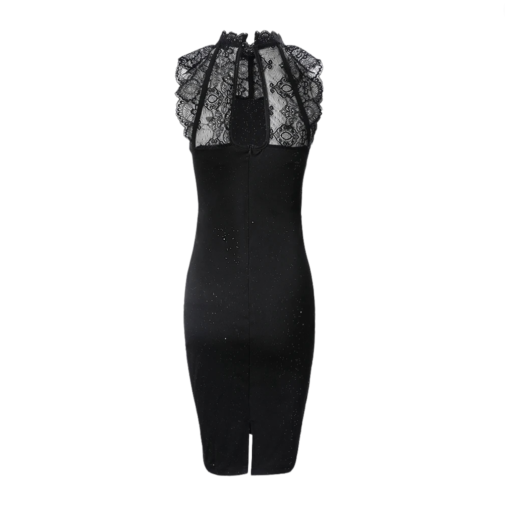 Halter Neck Lace Yoke Keyhole Back Glitter Bodycon Knee Length Party Dress