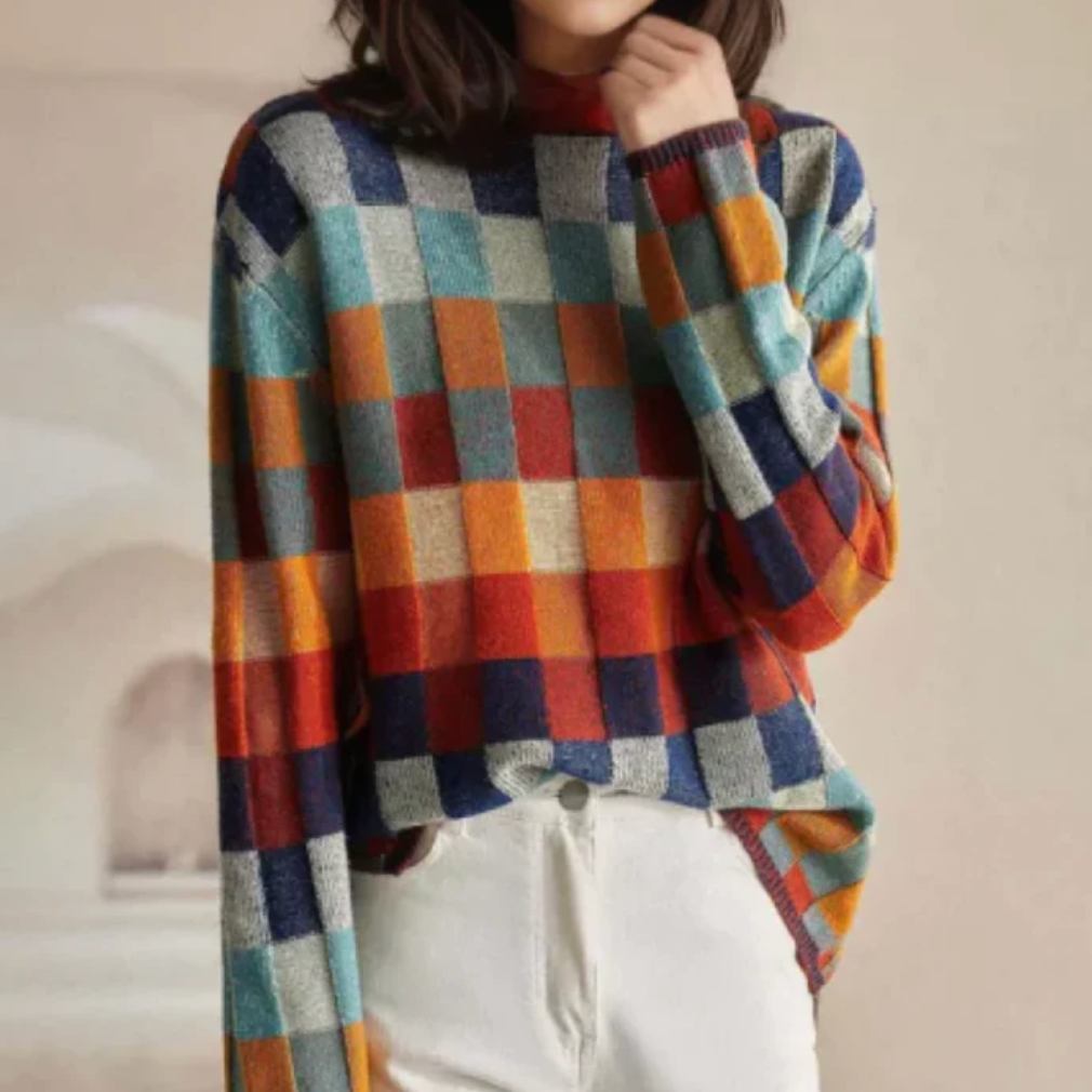 Mock Neck Checked Oversized Knit Sweater