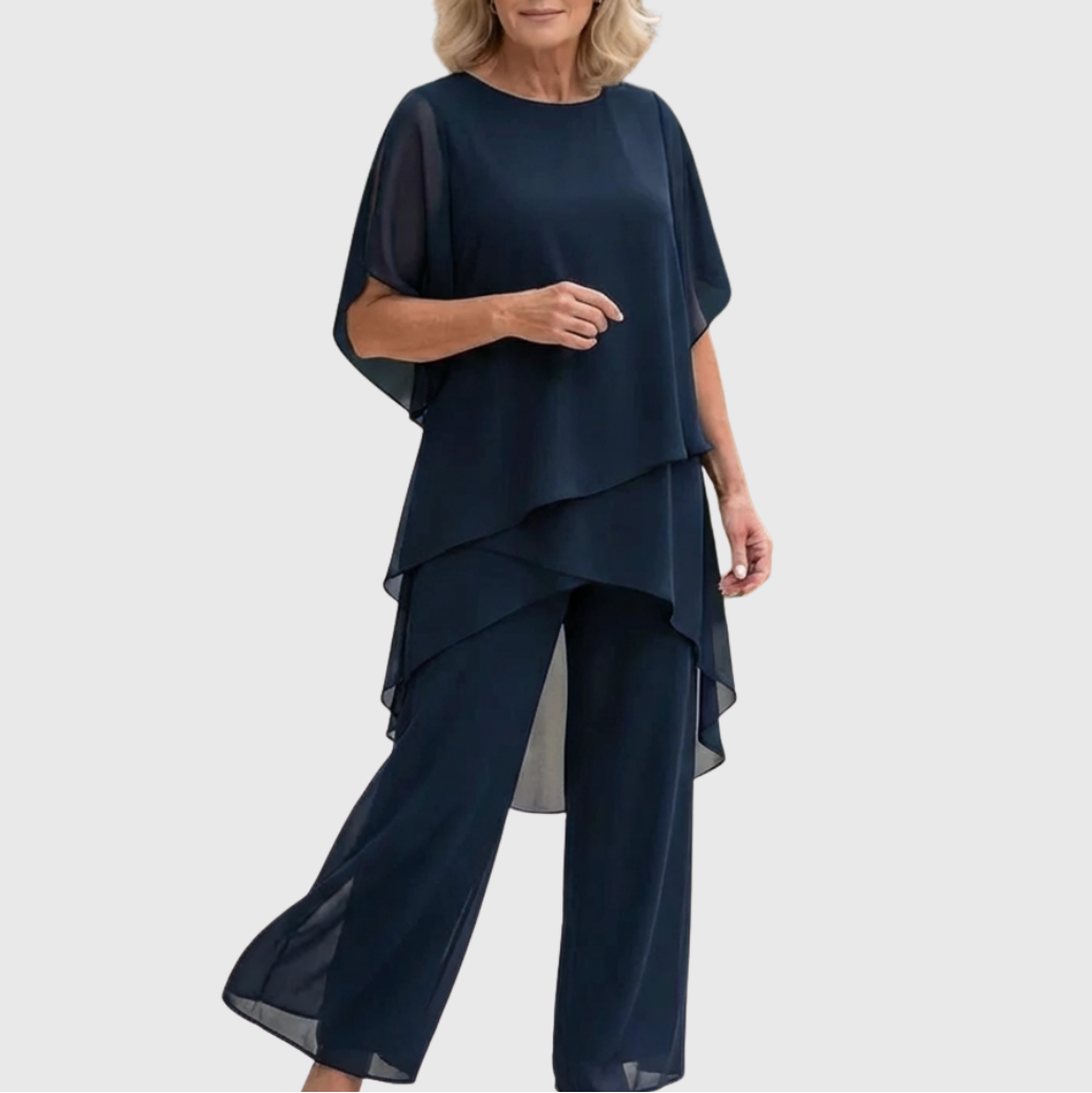 Layered Chiffon Cape Top and Wide Leg Pants Two Piece Set