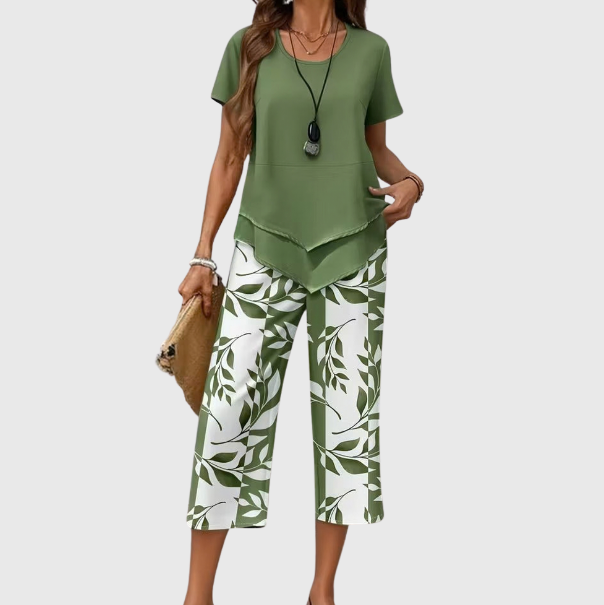 Short Sleeve Layered Hem Top and Leaf Print Capri Pants Two Piece Set