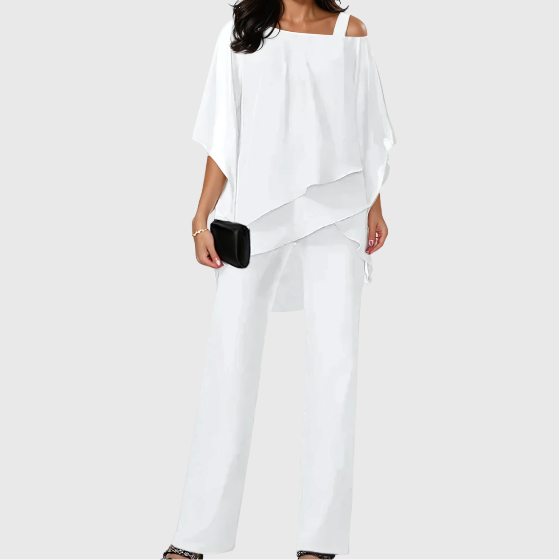 Asymmetric Overlay One Shoulder Top and Wide Leg Pants Two Piece Set
