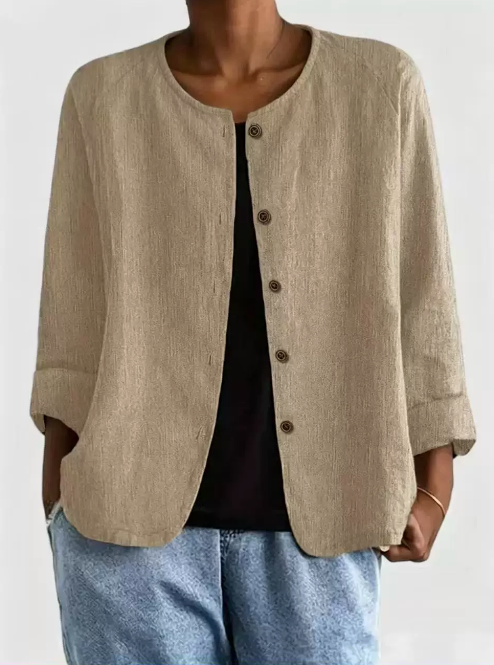 Round Neck Button Front Lightweight Collarless Jacket