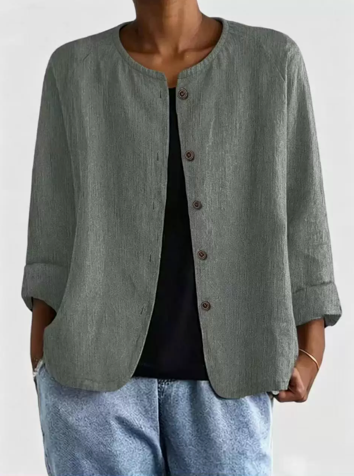 Round Neck Button Front Lightweight Collarless Jacket