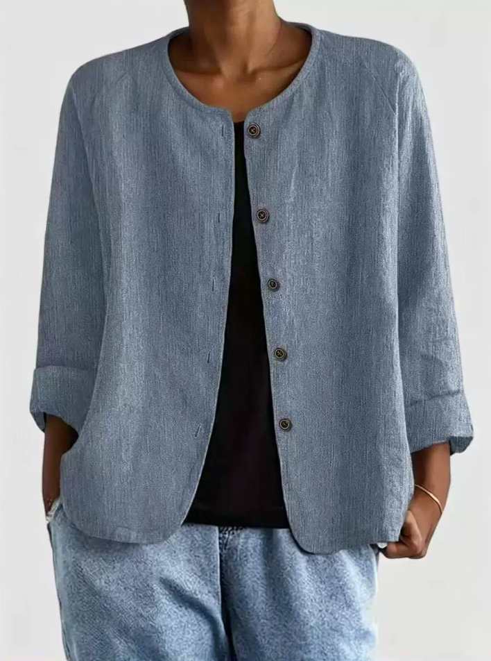 Round Neck Button Front Lightweight Collarless Jacket