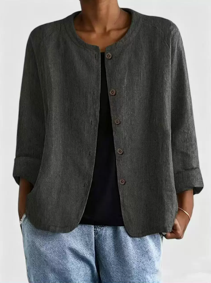 Round Neck Button Front Lightweight Collarless Jacket