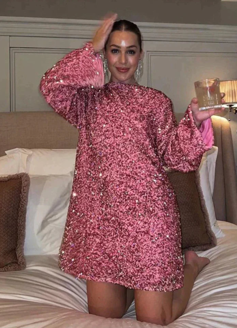 Sequin Long Sleeve Bow Back Backless Mini Party Dress