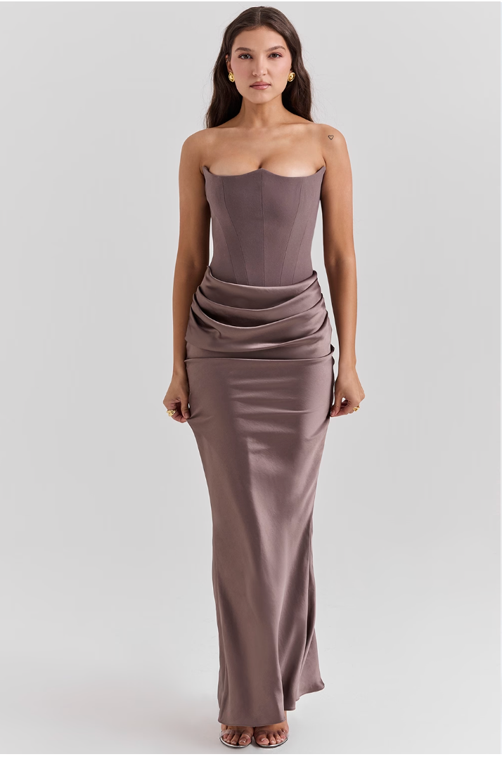 Satin Strapless Corset Ruched Waist Mermaid Maxi Dress