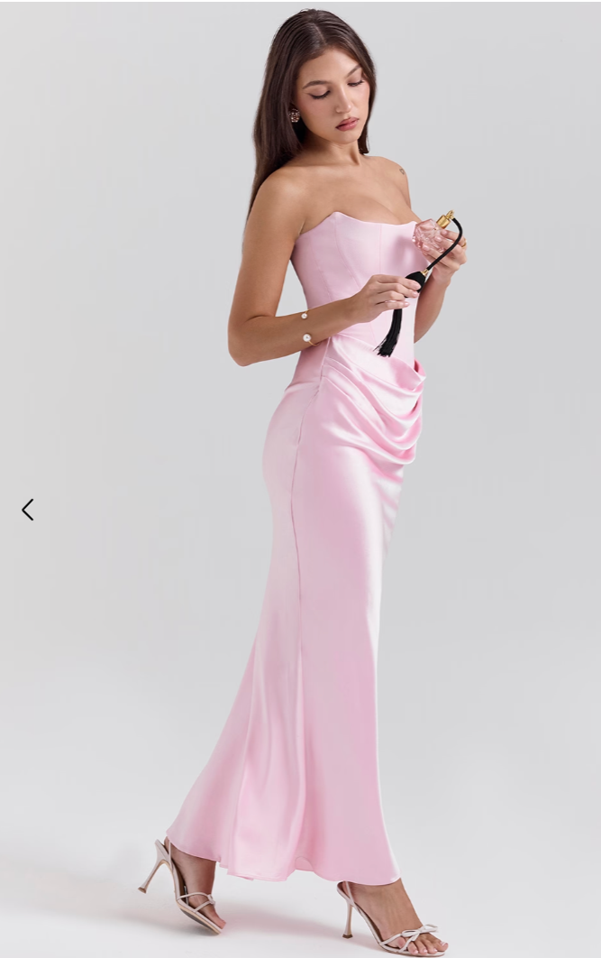Satin Strapless Corset Ruched Waist Mermaid Maxi Dress