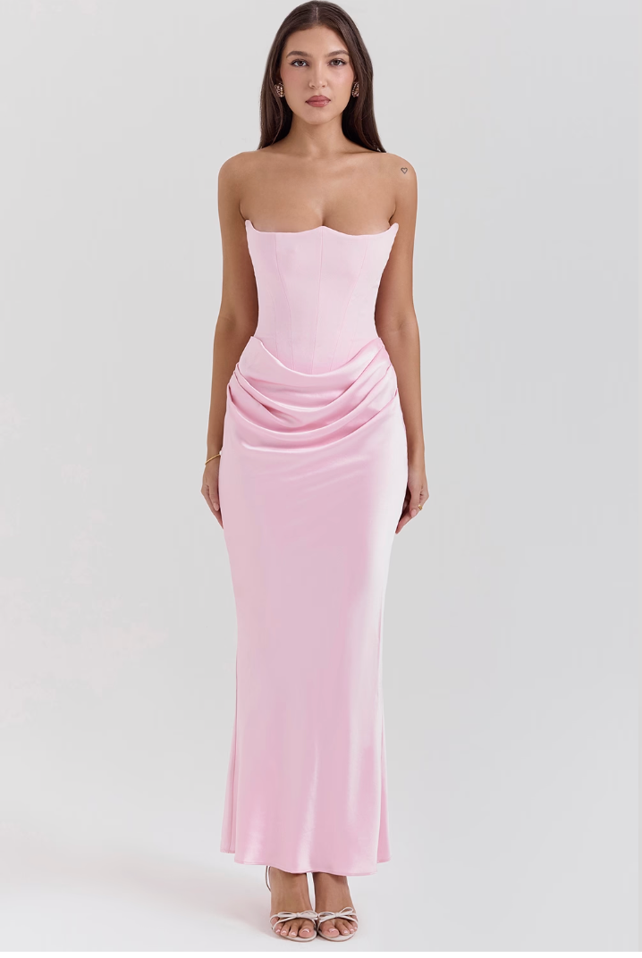 Satin Strapless Corset Ruched Waist Mermaid Maxi Dress