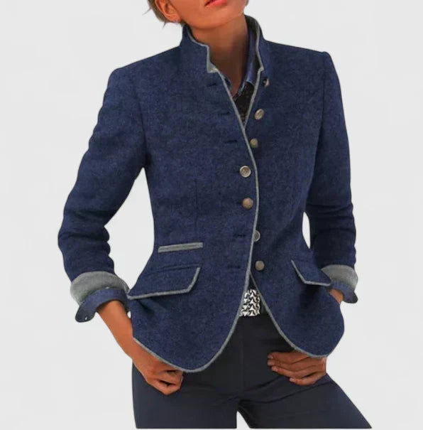 Stand Collar Contrast Trim Button Front Wool Blend Blazer