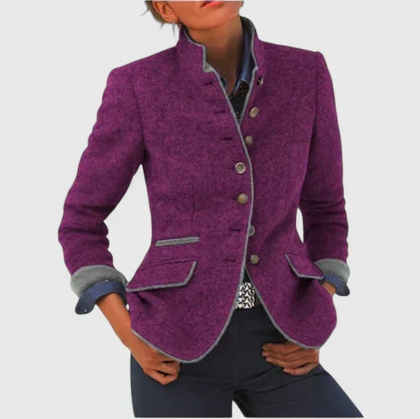 Stand Collar Contrast Trim Button Front Wool Blend Blazer