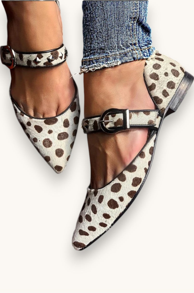 Animal Print Pointed Toe Ankle Strap Flats