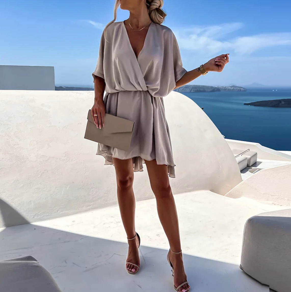 Satin Wrap V-Neck Batwing Sleeve Mini Dress 12