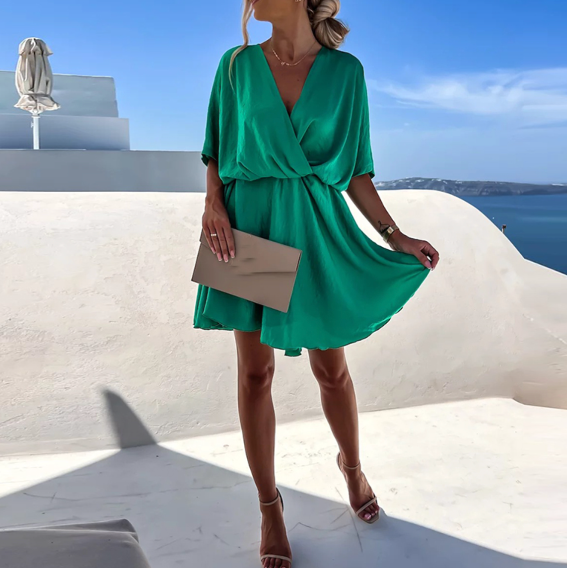 Satin Wrap V-Neck Batwing Sleeve Mini Dress