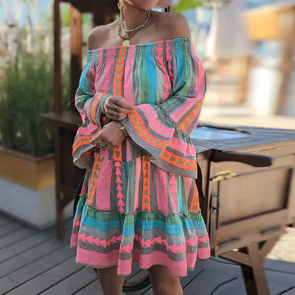Off Shoulder Smocked Bell Sleeve Tiered Ruffle Geometric Print Mini Dress