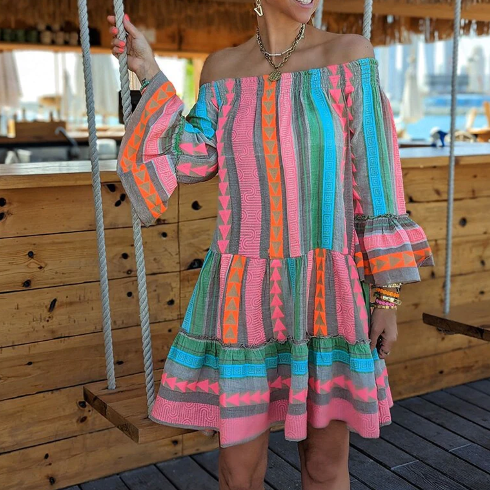 Off Shoulder Smocked Bell Sleeve Tiered Ruffle Geometric Print Mini Dress