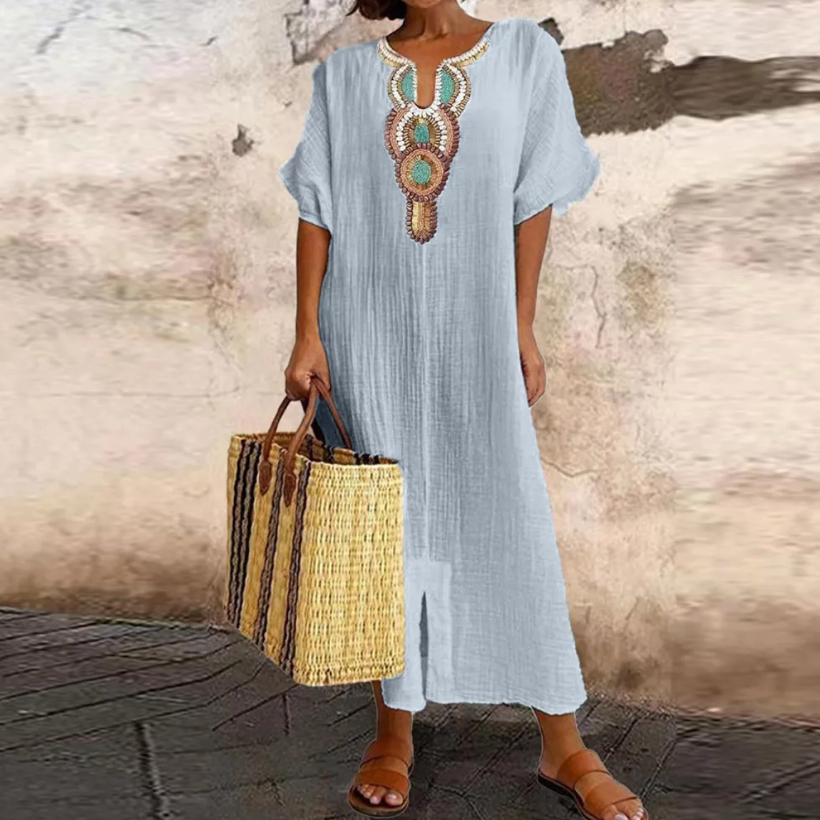 Embroidered Bib Deep V-Neck Short Sleeve Kaftan Maxi Dress