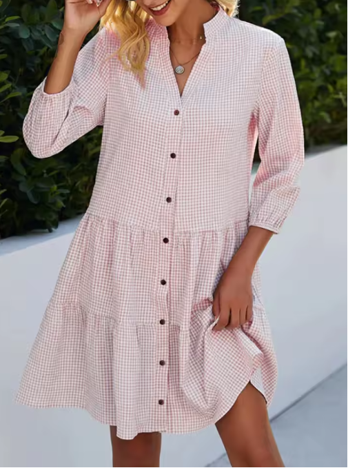 Zuri - Women’s Loose Shirt Style V-Neck Mini Dress Pink