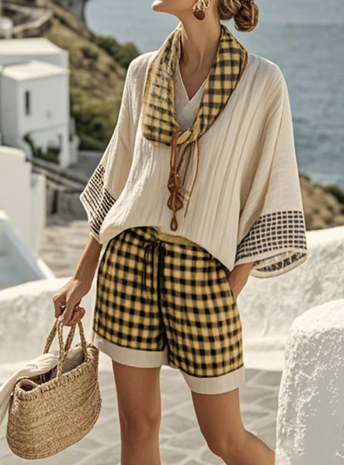 Batwing Sleeve Top and Gingham Shorts Two Piece Set