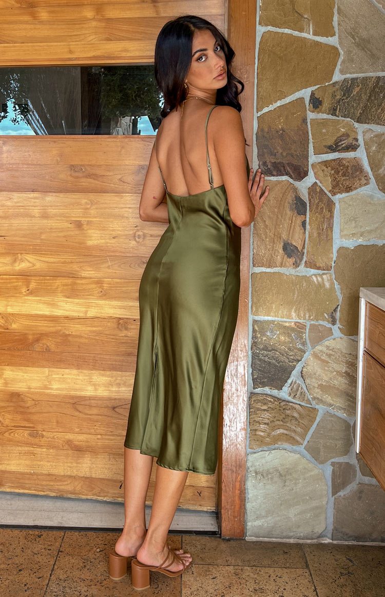 Satin Cowl Neck Spaghetti Strap Bias Cut Slip Midi Dress 5