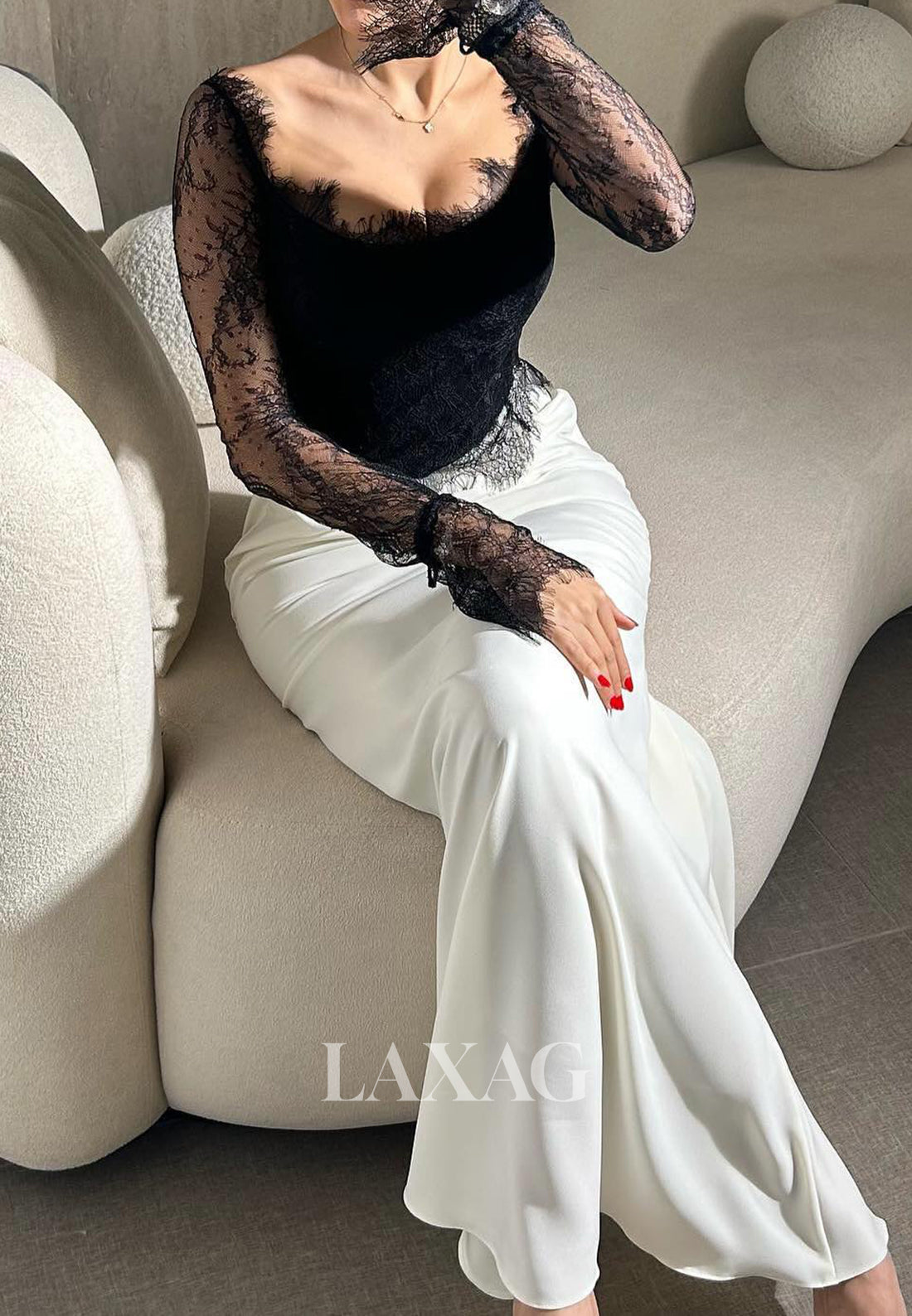 Scoop-Neck Two Tone Ankle-Length Formal Gowns Long-Sleeveless Lace&Satin Mermaid Evening Dress