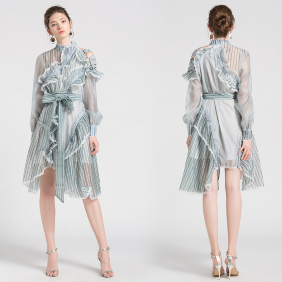 Striped Sheer High Neck Long Sleeve Ruffle Mini Dress 4
