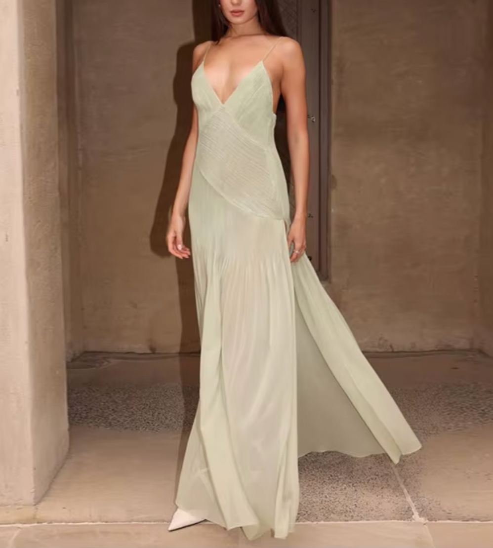 Deep V-Neck Spaghetti Strap Fringe Maxi Dress 8